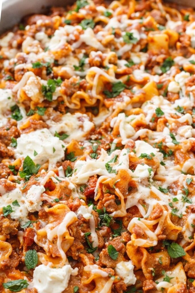 Mediterranean skillet lasagna with cottage cheese, cinnamon-spiced meat sauce, and herbs in a silver skillet