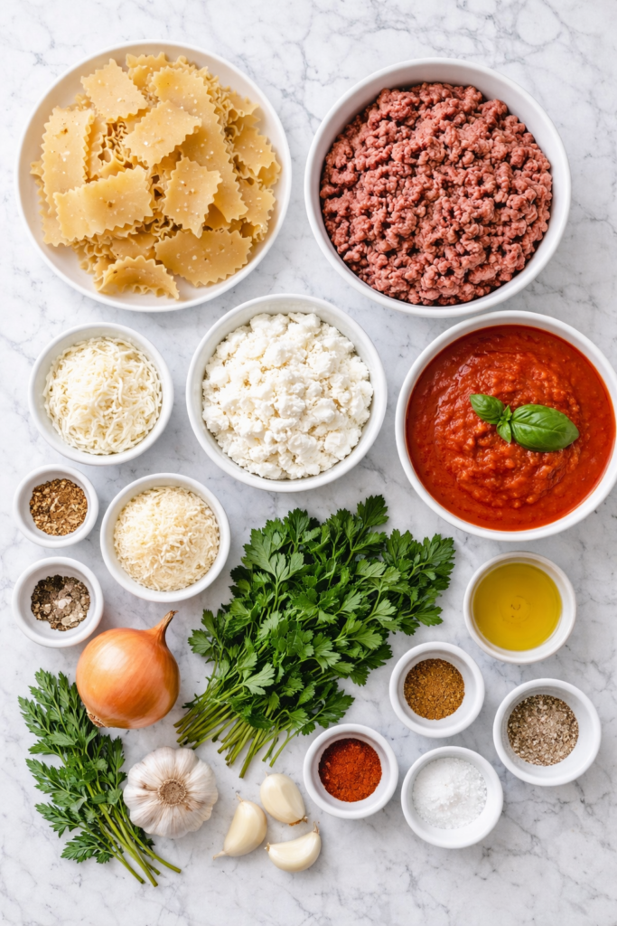 Flat lay of ingredients for Mediterranean skillet lasagna including ground beef, cottage cheese, marinara sauce, broken lasagna noodles, garlic, onion, herbs, and spices on a marble counter