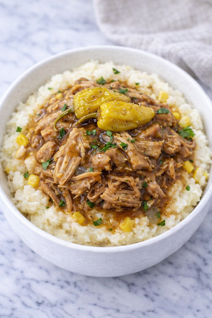 Mississippi pork roast mashed potato bowl with shredded pork, gravy, corn, and pepperoncini in a white bowl on marble counter