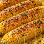 buttery corn on the cob sprinkled with old bay seasoning in a skillet