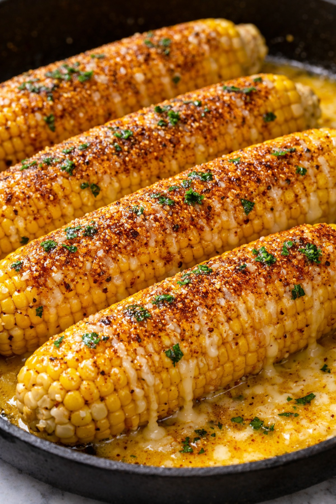 buttery corn on the cob sprinkled with old bay seasoning in a skillet