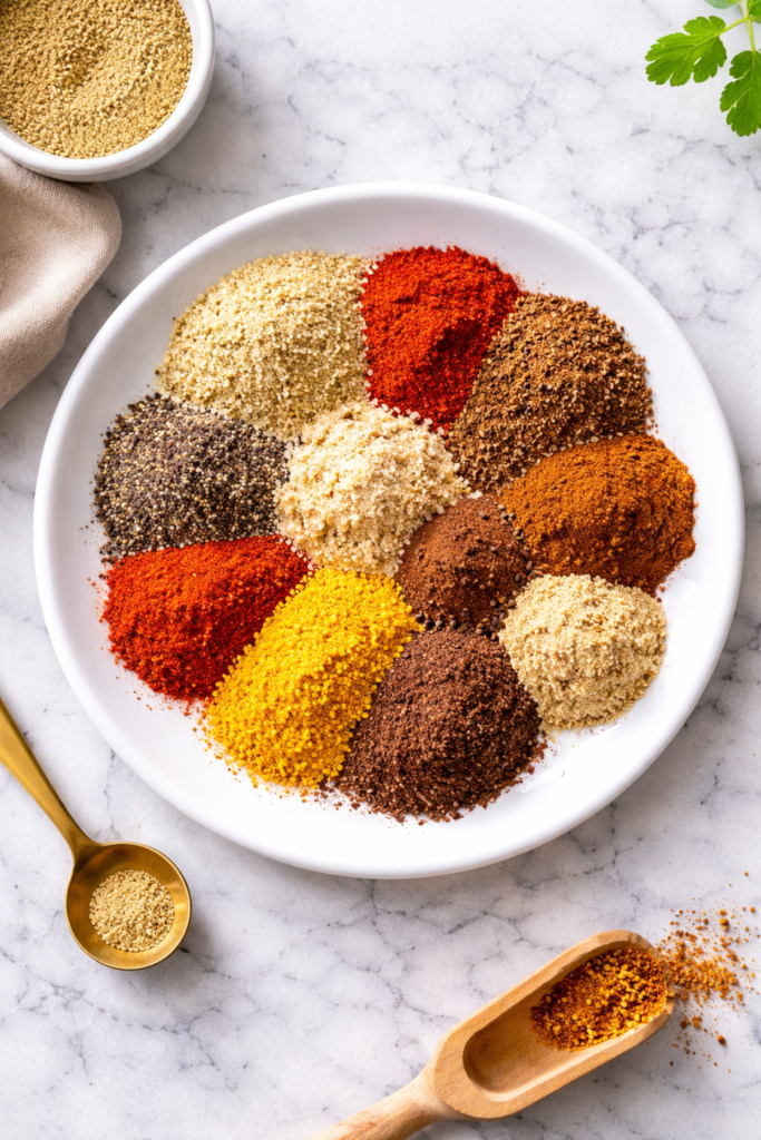 spices for homemade old bay seasoning arranged in piles on a white plate on marble countertop