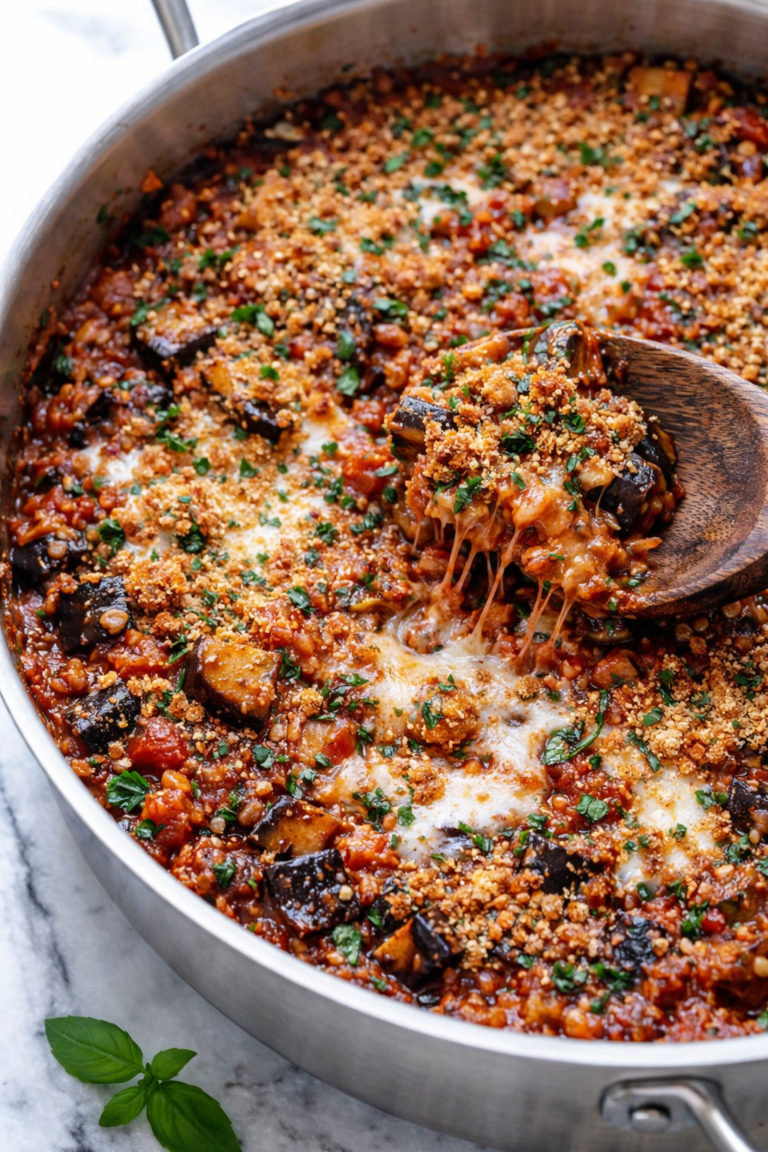 one pan eggplant parmesan stir fry in stainless skillet with melted cheese and toasted breadcrumbs