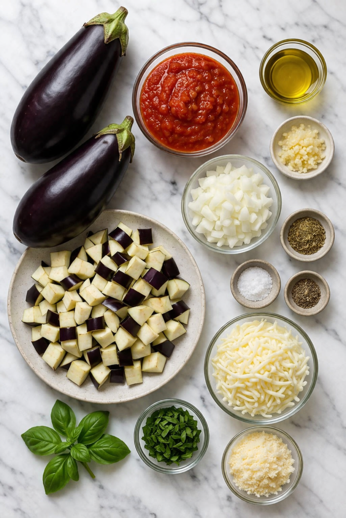 flat lay of ingredients for one pan eggplant parmesan stir fry on marble counter