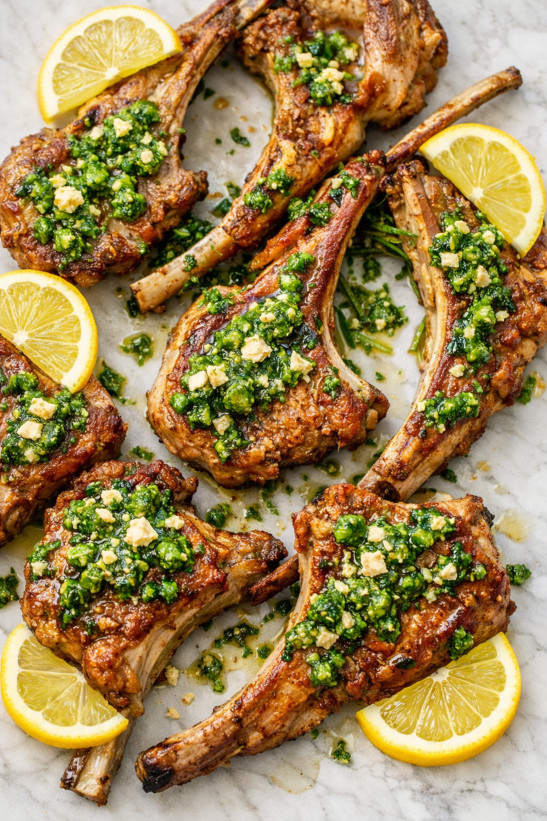 pan seared lamb chops with Greek garlic pesto on parchment paper with lemon and rosemary overhead view