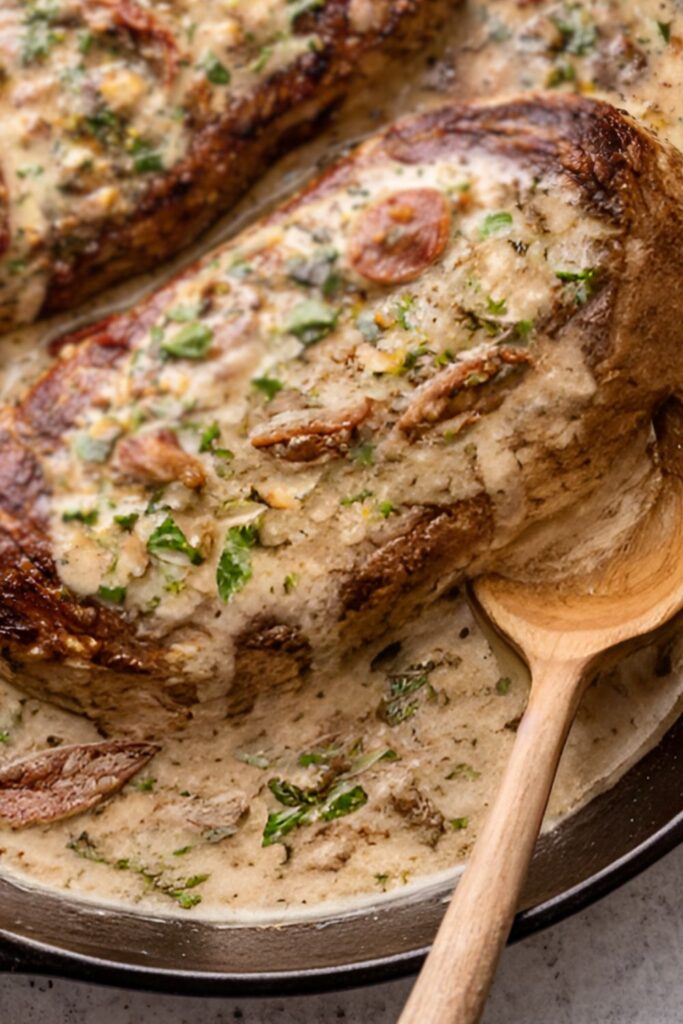 Two pan seared ribeye steaks in a cast iron skillet with creamy Tuscan garlic parmesan sauce and sun dried tomatoes