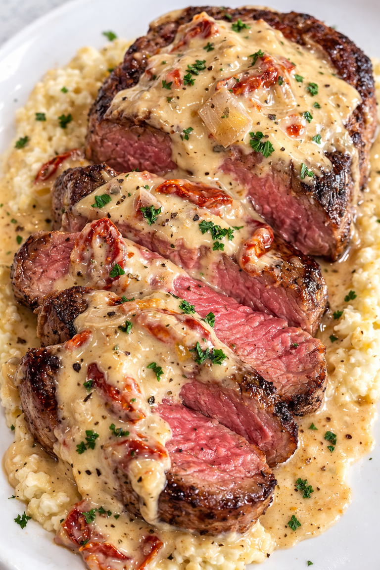 Pan seared ribeye steak sliced and topped with creamy Tuscan garlic parmesan sauce and sun dried tomatoes