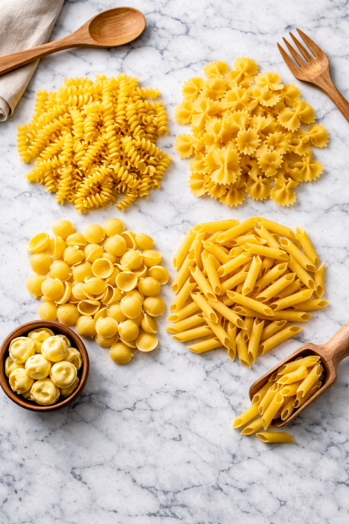 Flat lay of uncooked pasta shapes including rotini, bowtie, shells, and penne on a white marble counter for pasta salad bar ideas