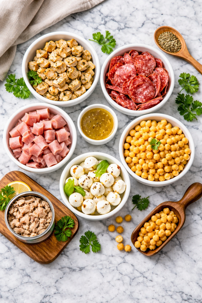 Flat lay of pasta salad protein options including chicken, salami, ham, chickpeas, mozzarella, and tuna on a white marble counter