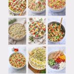 pasta salad recipes collage featuring creamy, Italian, Mediterranean, and shrimp pasta salads on a marble background