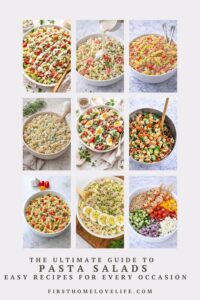 pasta salad recipes collage featuring creamy, Italian, Mediterranean, and shrimp pasta salads on a marble background