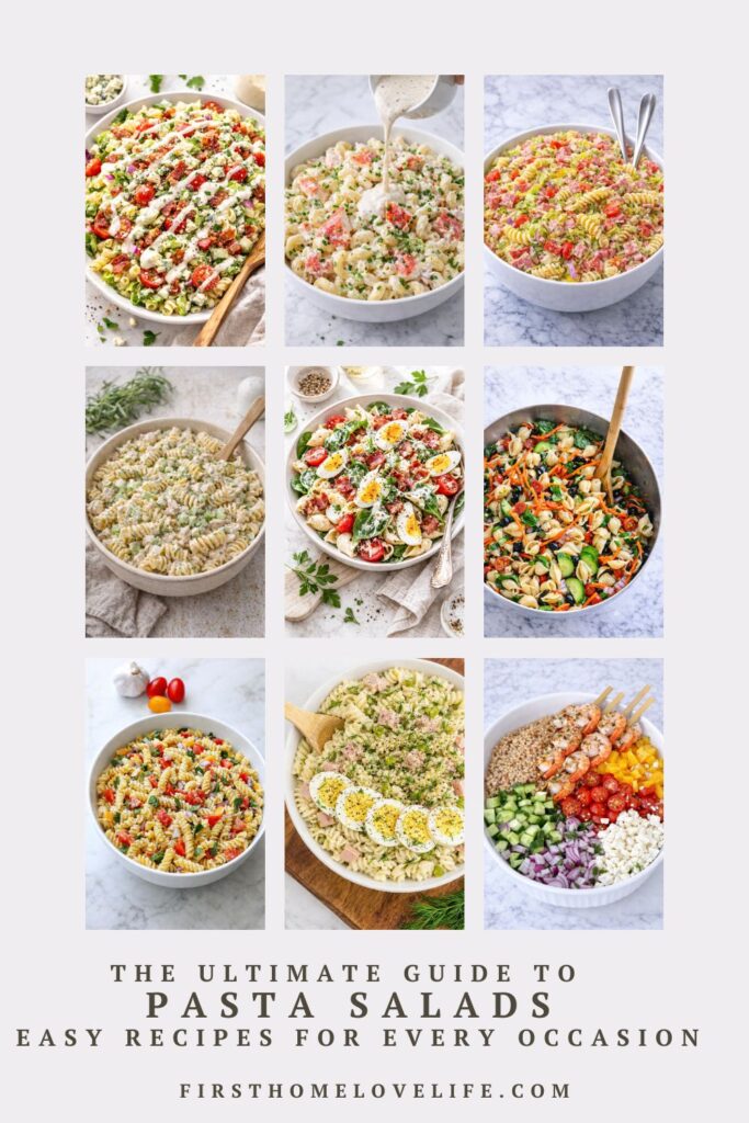 pasta salad recipes collage featuring creamy, Italian, Mediterranean, and shrimp pasta salads on a marble background