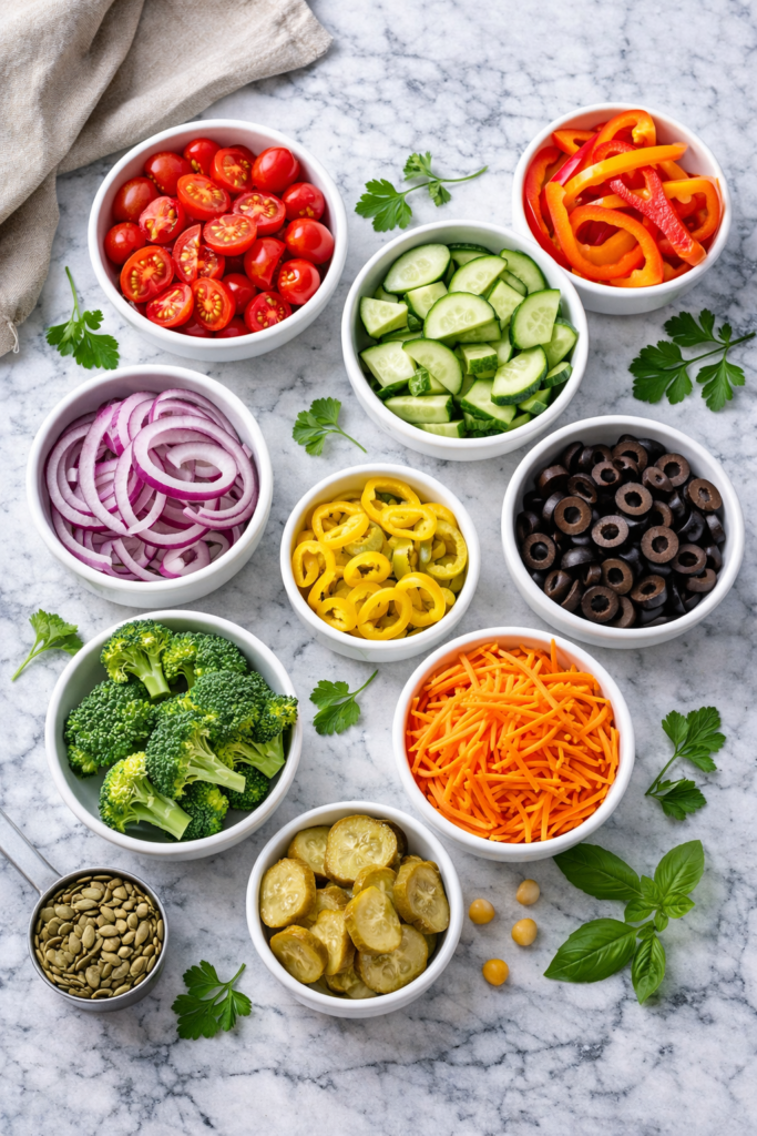 Flat lay of fresh vegetables for pasta salad including tomatoes, cucumbers, peppers, red onion, olives, and broccoli on a white marble counter