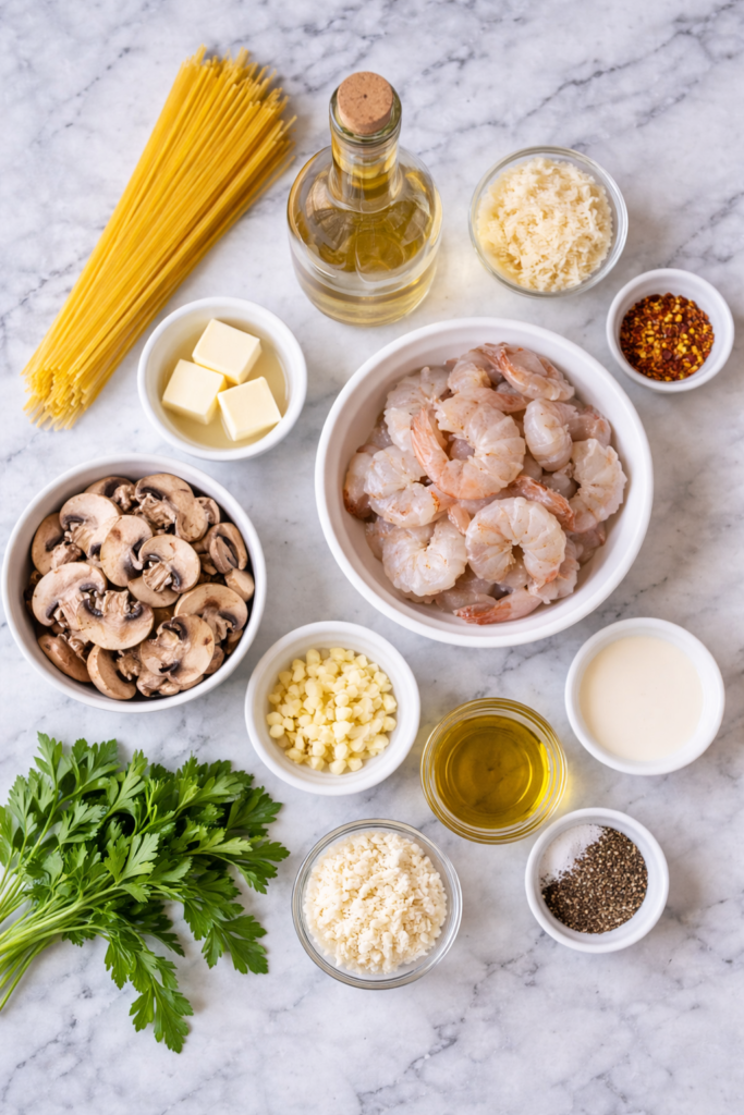 Flat lay of ingredients for copycat Carrabba’s Pasta Weesie including shrimp, mushrooms, garlic, pasta, Parmesan, cream, and butter on a marble countertop