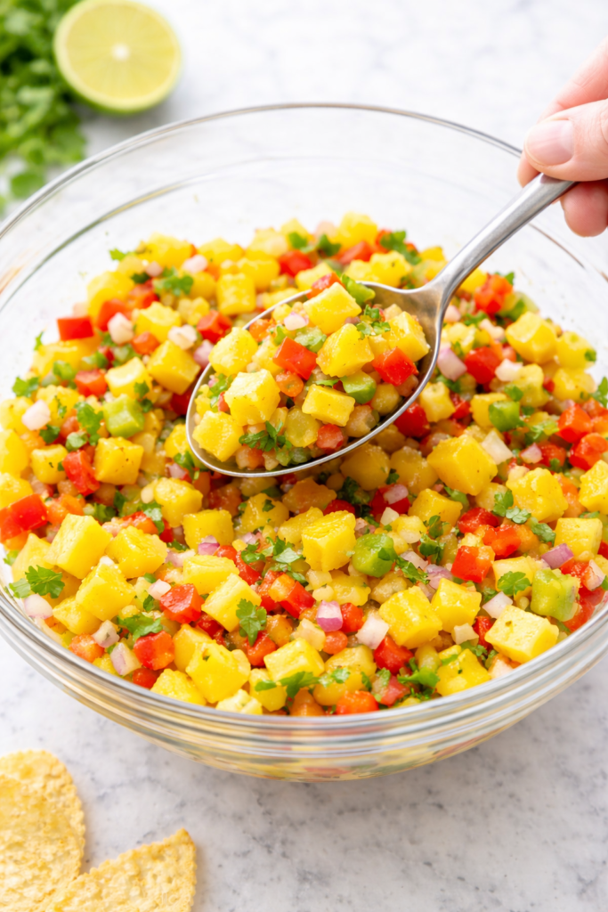 Spoon tossing fresh pepper mango salsa in a clear glass bowl on a marble counter