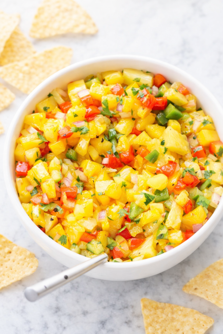 Bright pepper mango salsa in a white bowl on a marble counter with tortilla chips around it