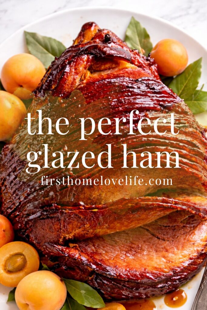 perfect apricot glazed ham with sticky glossy glaze and fresh apricots on white platter