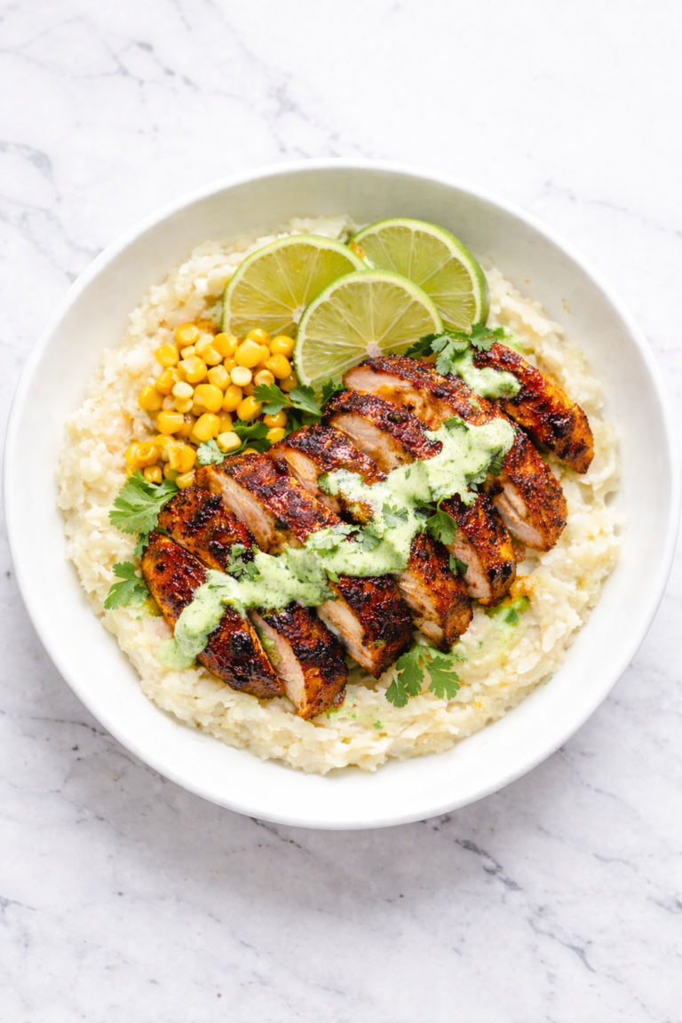 Peruvian chicken mashed potato bowl topped with sliced pollo a la brasa chicken and creamy aji verde sauce in a white bowl on a marble counter