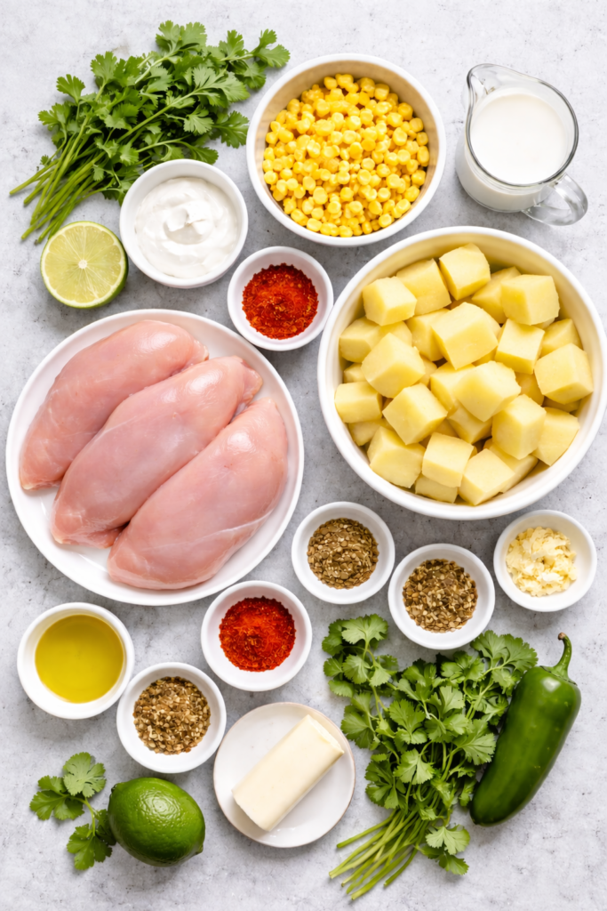 Flat lay ingredients for Peruvian chicken mashed potato bowls including raw chicken breasts, cubed Yukon gold potatoes, cilantro, jalapeño, lime, garlic, spices, butter, cream, and corn on a marble counter