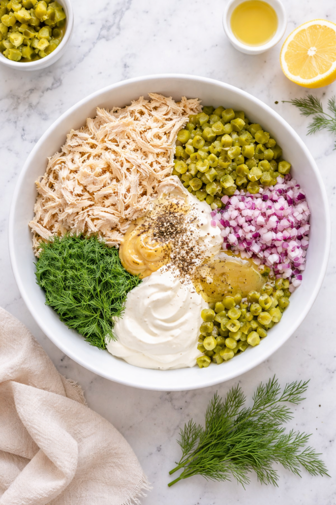 ingredients for creamy pickle chicken salad in bowl before mixing with chicken pickles dill onion and dressing