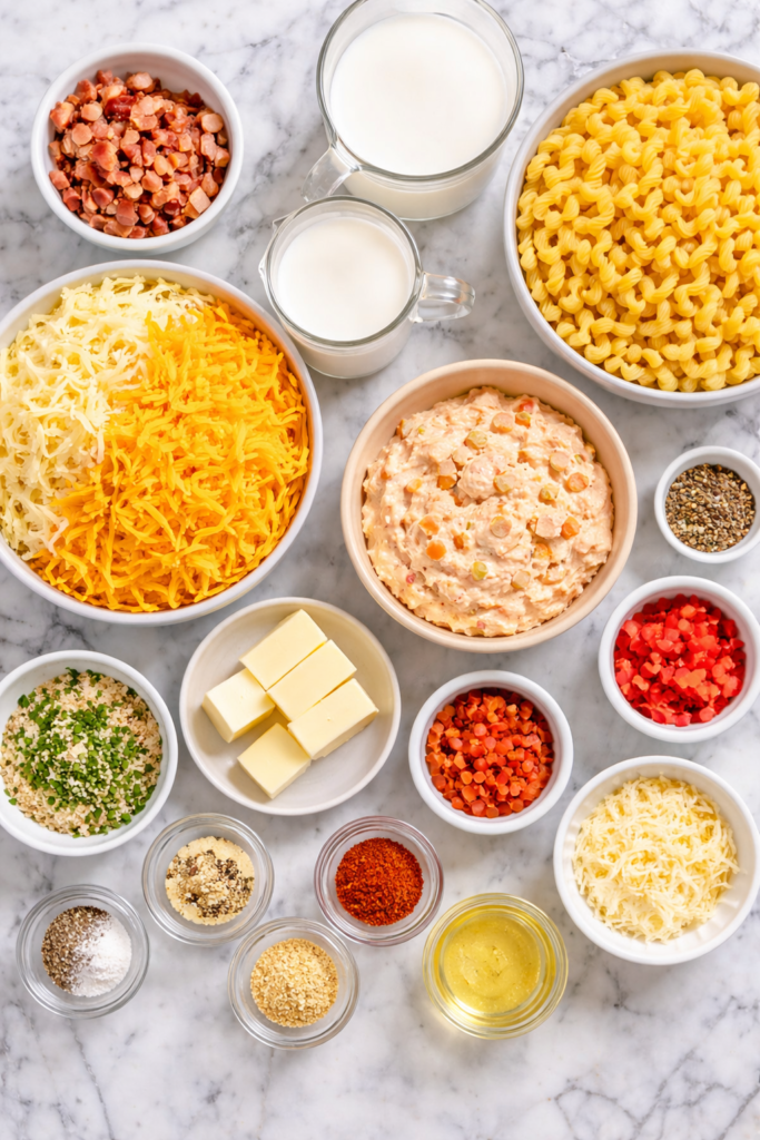Flat lay of ingredients for southern pimento cheese mac and cheese including pasta, cheddar cheese, pimentos, bacon, milk, butter, and breadcrumbs on a marble countertop