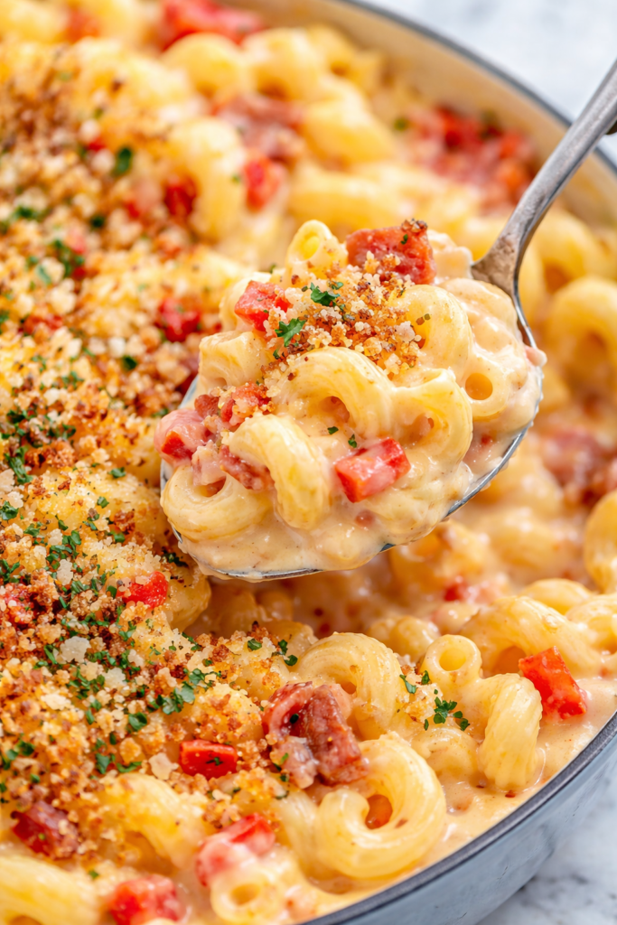 Spoon scooping creamy southern pimento cheese mac and cheese with bacon and crispy breadcrumb topping