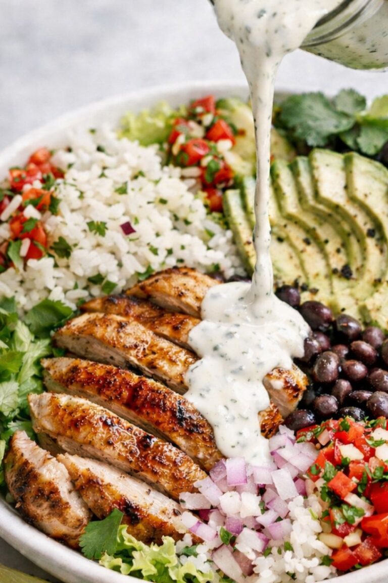 Grilled chicken rice bowl with avocado, black beans, pico de gallo, and creamy garlic cilantro sauce being poured over the top