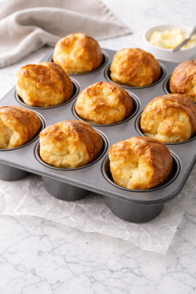 Golden homemade popovers baked in a popover pan on wrinkled parchment paper over a white marble countertop.
