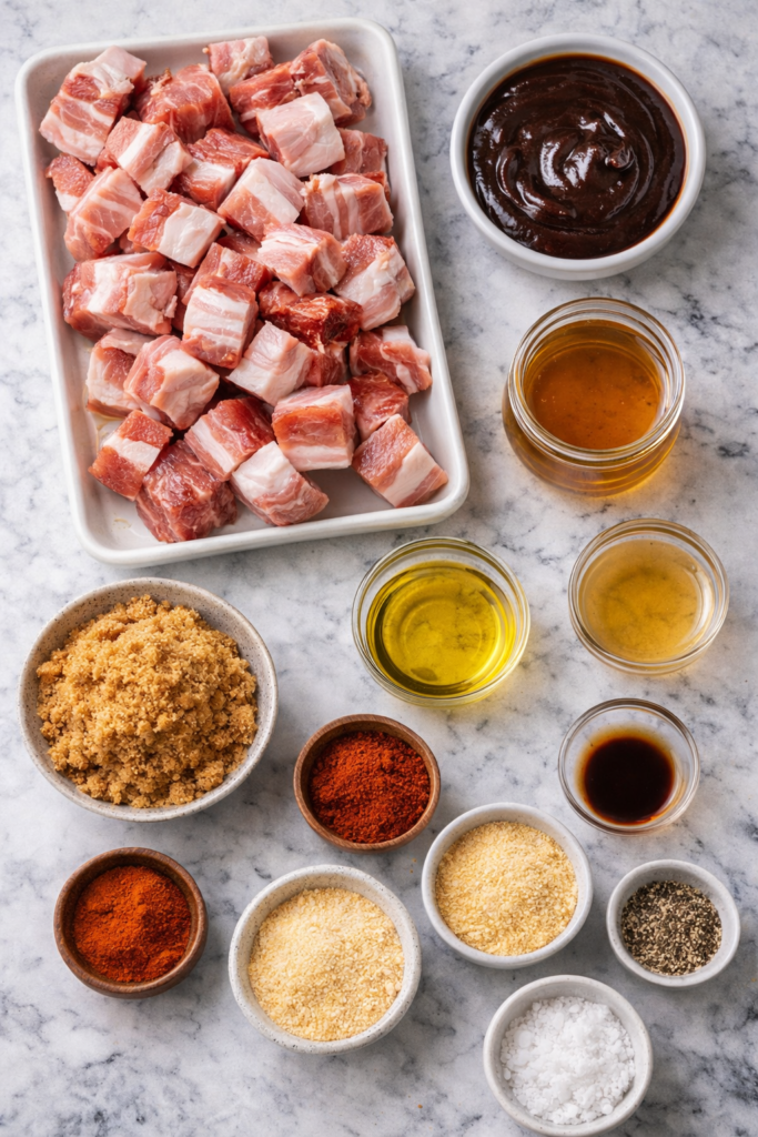 flat lay of ingredients for oven baked pork belly burnt ends on marble counter