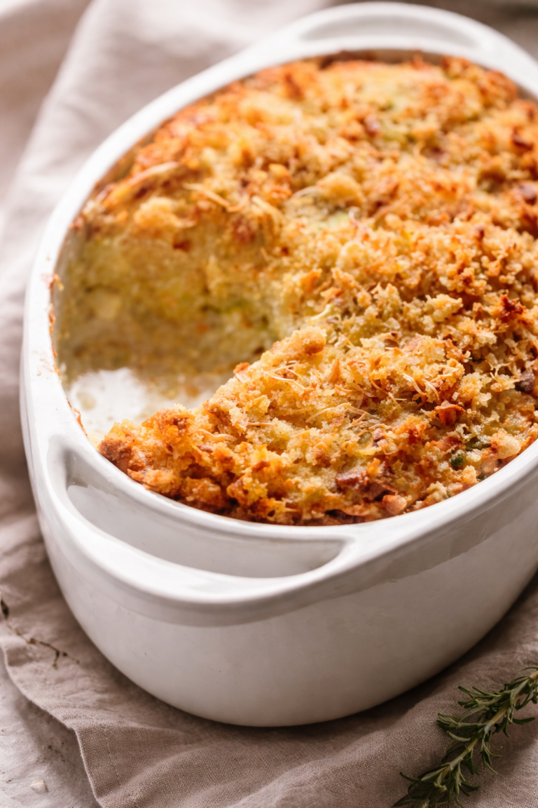 Creamy potato and leek gratin baked with Parmesan breadcrumbs in a white ceramic baking dish