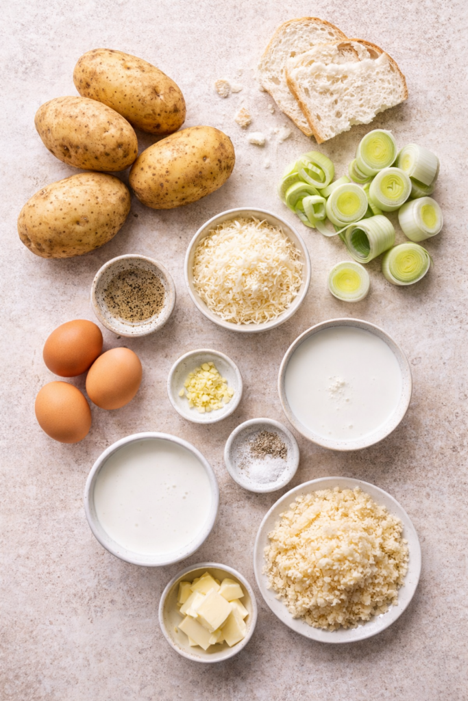 Flat lay of ingredients for potato and leek gratin including potatoes, leeks, cream, eggs, Parmesan, bread, and butter