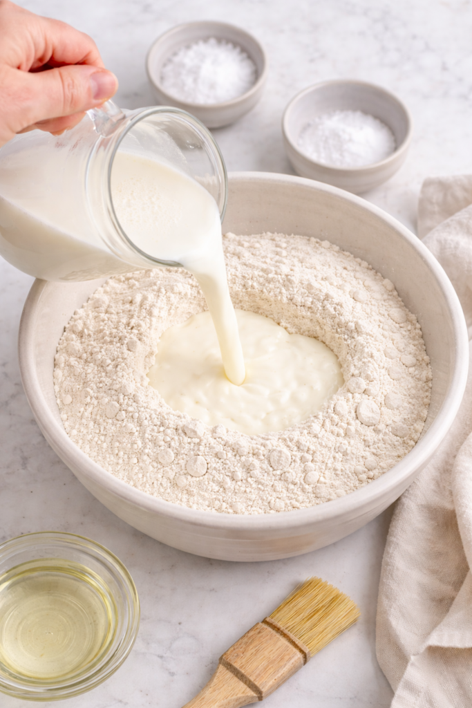 Pouring buttermilk into flour mixture for traditional Irish soda bread in ceramic mixing bowl