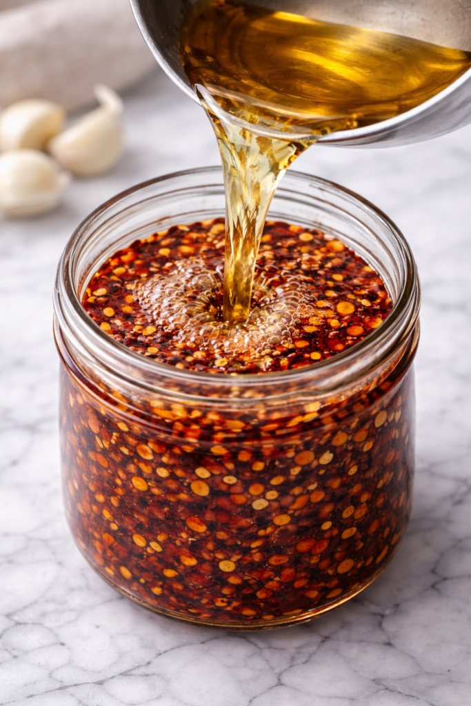 Hot oil being poured over chili flakes and spices in a jar to make homemade garlic chili crisp on a marble countertop