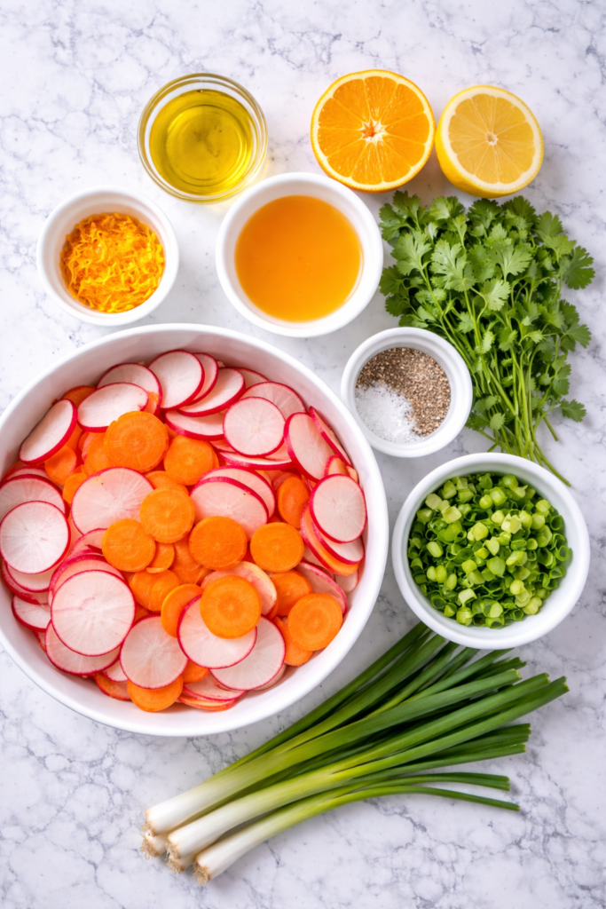 Fresh ingredients for radish carrot salad including sliced radishes, carrots, green onions, cilantro, citrus, olive oil, and seasonings arranged in a flat lay on a marble counter