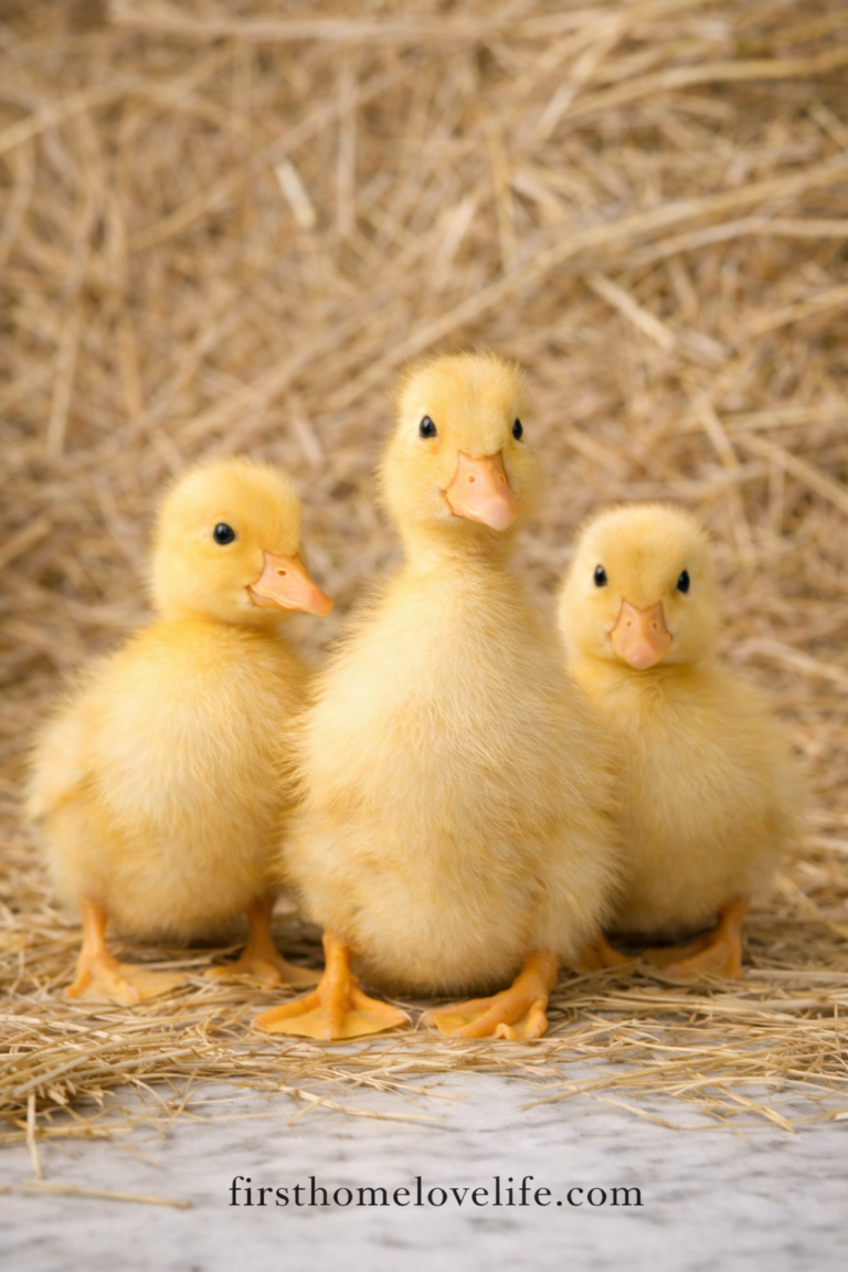 three yellow baby ducklings standing on hay with straw background for raising ducks for beginners