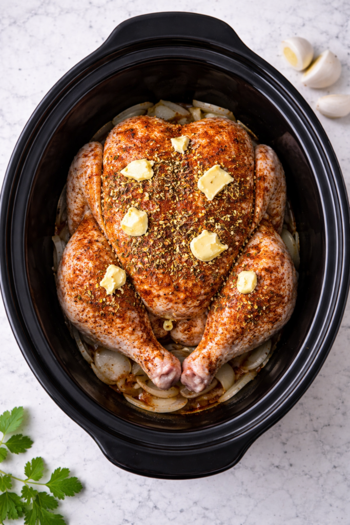 raw whole chicken in crockpot with butter and spices on top bird’s eye view