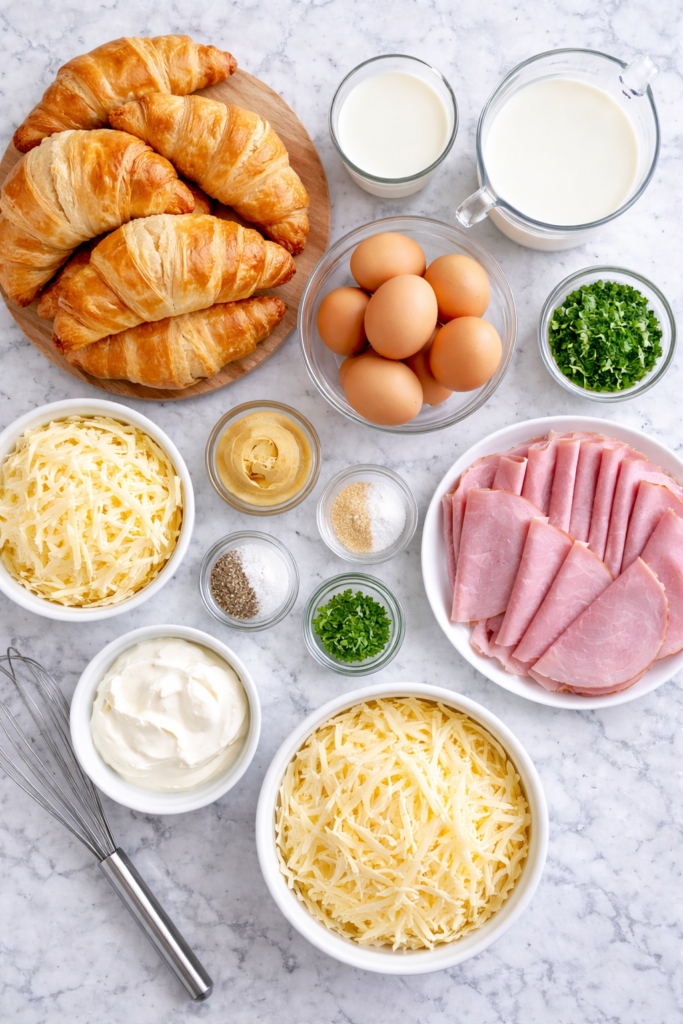 ingredients for creamy Dijon croissant breakfast casserole including croissants, sliced deli ham, Swiss cheese, eggs, milk, sour cream, Dijon mustard, chives, parsley, and seasonings