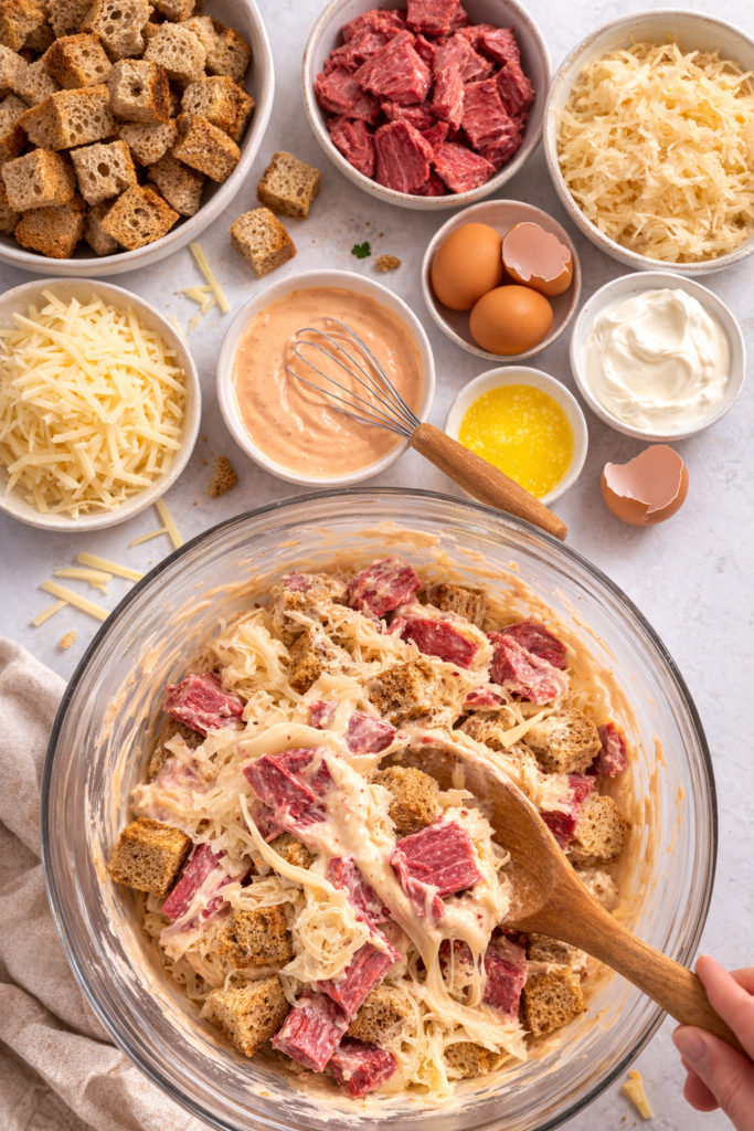 Overhead view of Reuben casserole mixture in a bowl with corned beef, sauerkraut, Swiss cheese, rye bread cubes, and creamy dressing being stirred with a wooden spoon.