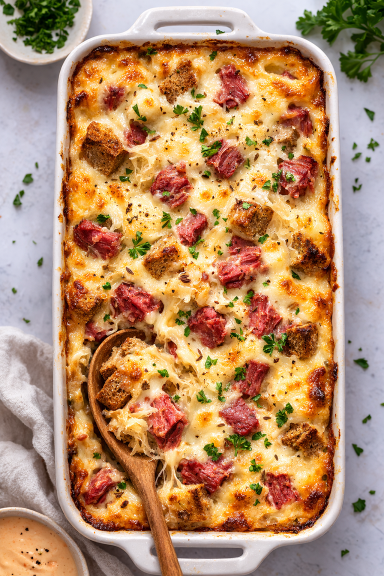 Bird’s eye view of cheesy Reuben style casserole with corned beef, sauerkraut, and Swiss cheese baked until bubbly in a white dish with wooden serving spoon.