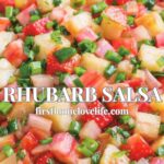 Fresh rhubarb salsa with strawberries, jalapeño, and herbs in a white bowl