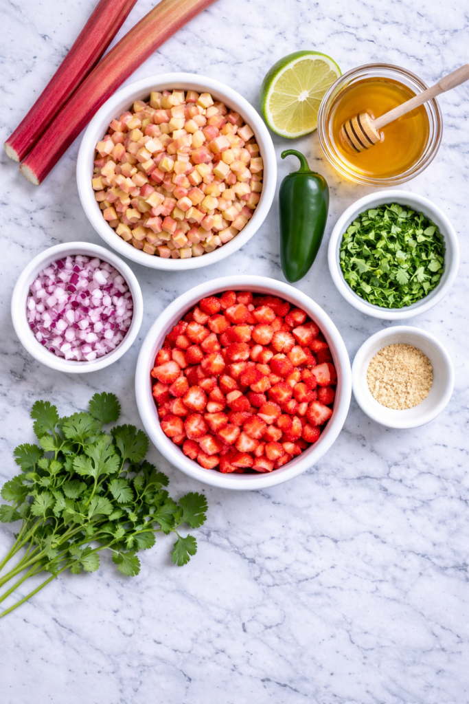 Flat lay of rhubarb salsa ingredients including rhubarb, strawberries, lime, jalapeño, cilantro, and honey on a marble counter