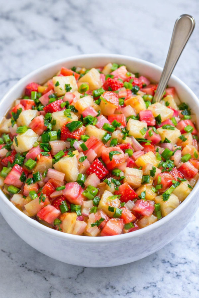 Fresh rhubarb salsa with strawberries, jalapeño, and lime in a white bowl on a marble counter
