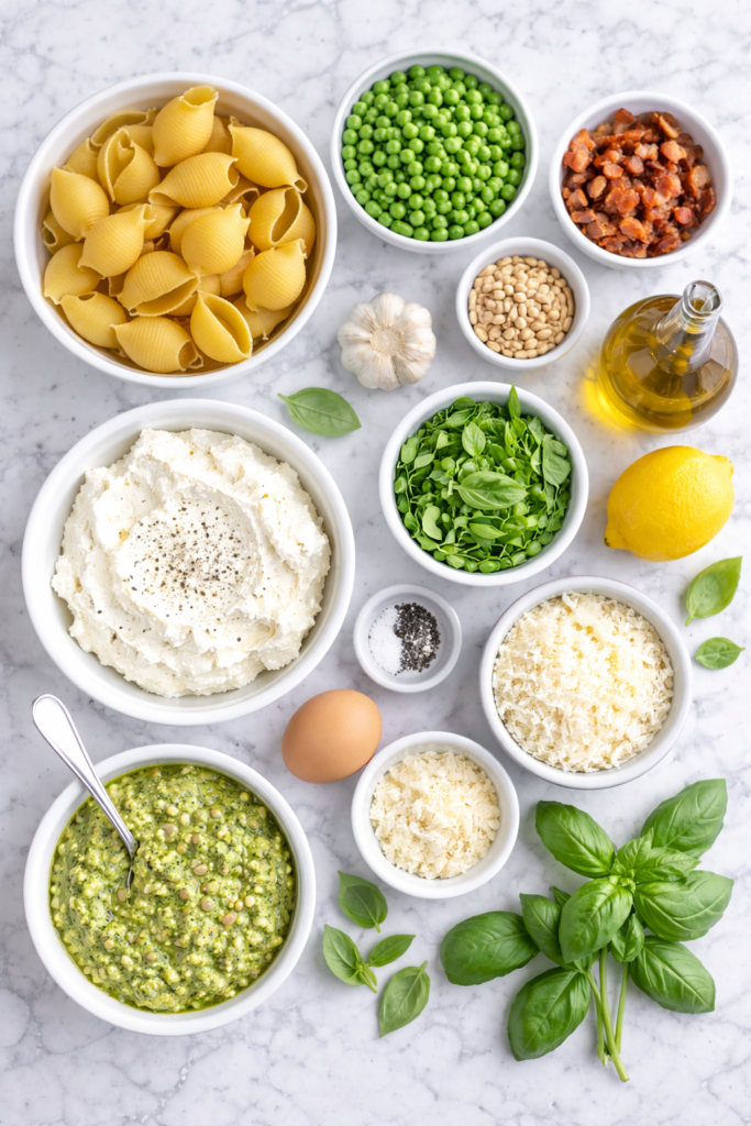 flat lay of ingredients for ricotta pea pesto stuffed shells with bacon on marble counter