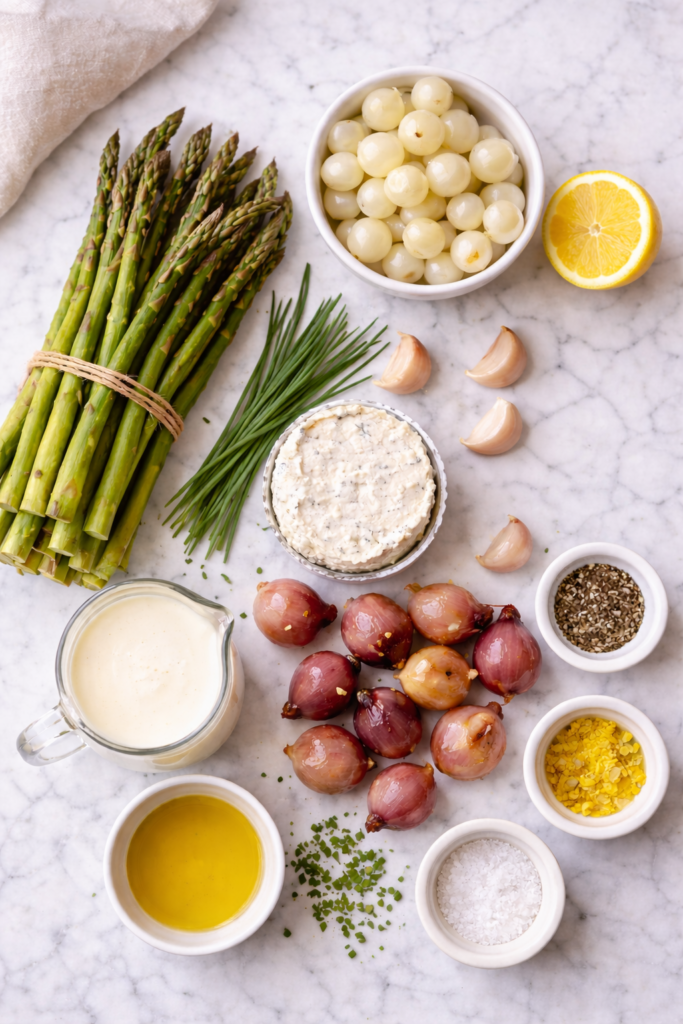 Flat lay of ingredients for roasted asparagus and pearl onions with creamy Boursin sauce on a light marble countertop.