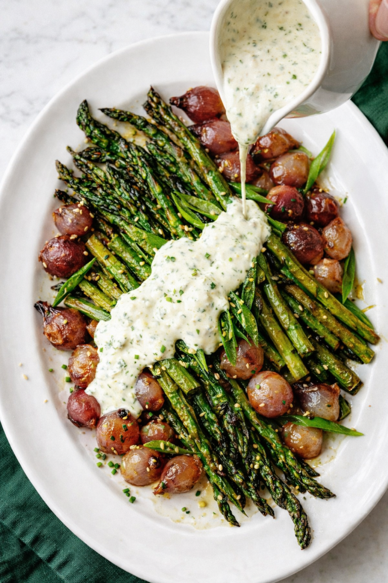 Roasted asparagus and pearl onions on a white platter with creamy herb Boursin sauce being poured over the vegetables on a light marble background.