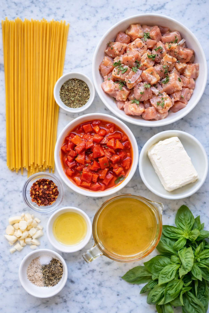 Flat lay of ingredients for creamy roasted red pepper chicken pasta including spaghetti, chicken, roasted red peppers, garlic, cream cheese, broth, and fresh basil