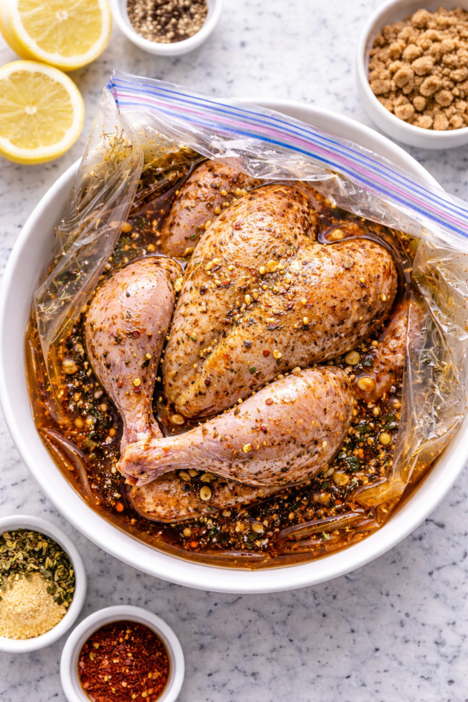 Raw whole chicken marinating in a seasoned marinade inside a clear bag in a bowl on marble counter