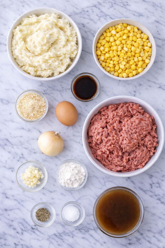 Flat lay of ingredients for Salisbury steak mashed potato bowls including ground beef, corn, mashed potatoes, onion, egg, breadcrumbs, and beef broth on marble counter