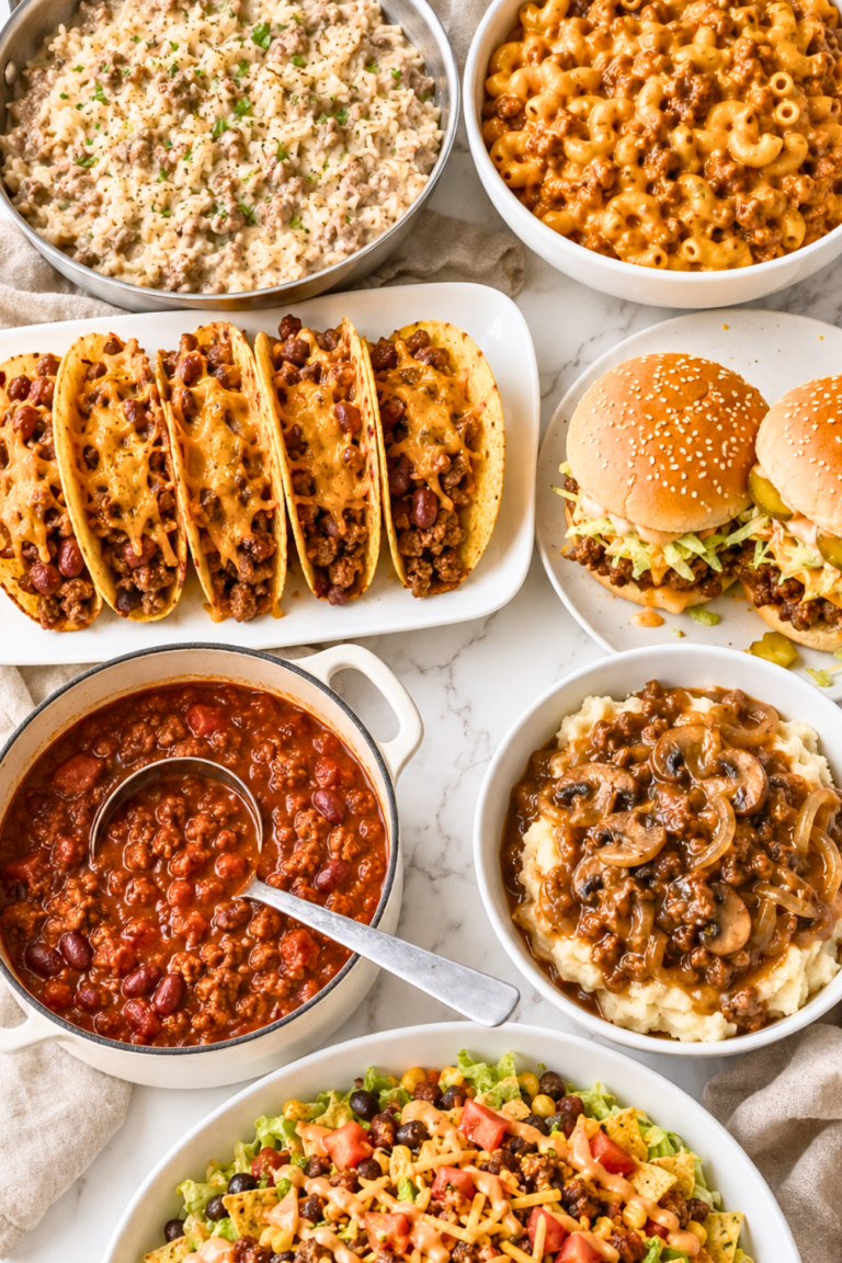 Bird’s-eye flat lay of seven cheap ground beef meals including Hamburger Helper, tacos, sloppy joes, chili, taco salad, beef and rice, and mashed potato bowls