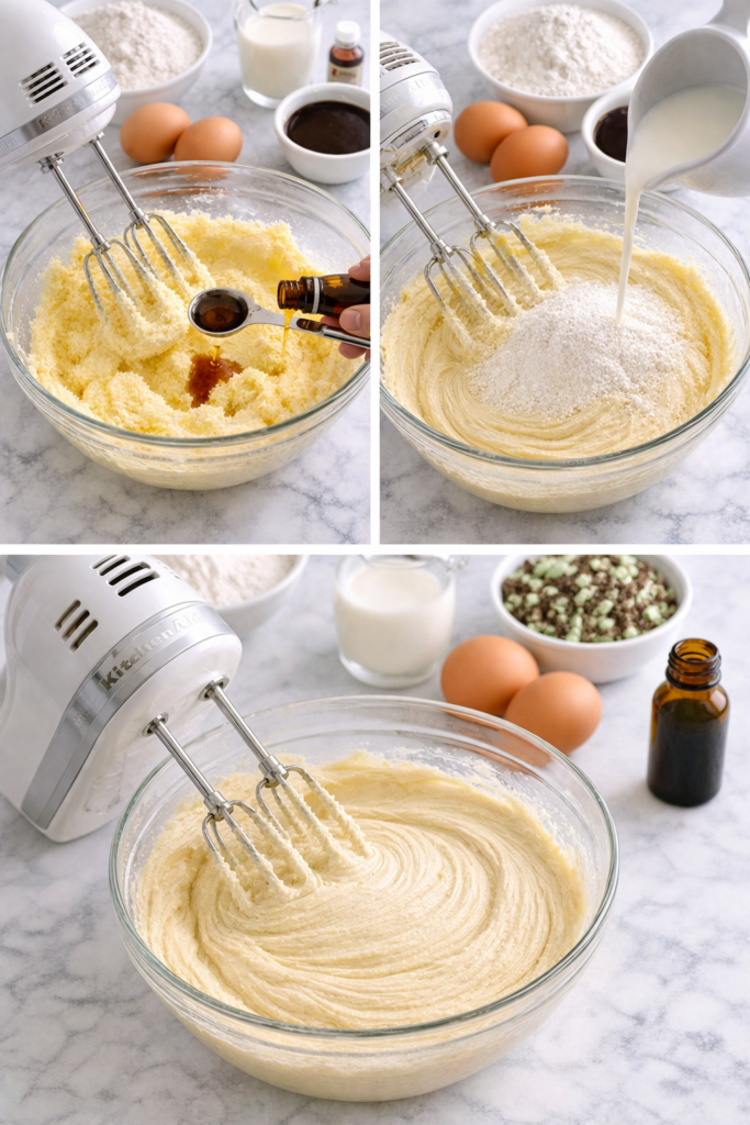 Mixing shamrock shake cupcake batter in a glass bowl with flour, milk, and vanilla being added on a marble countertop.